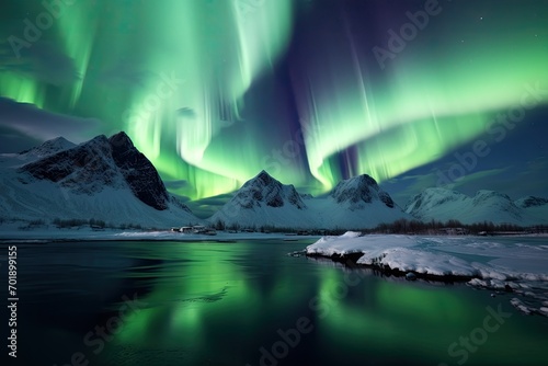 Breathtaking Northern Lights over Snowy Mountain Peaks and Icy Waters