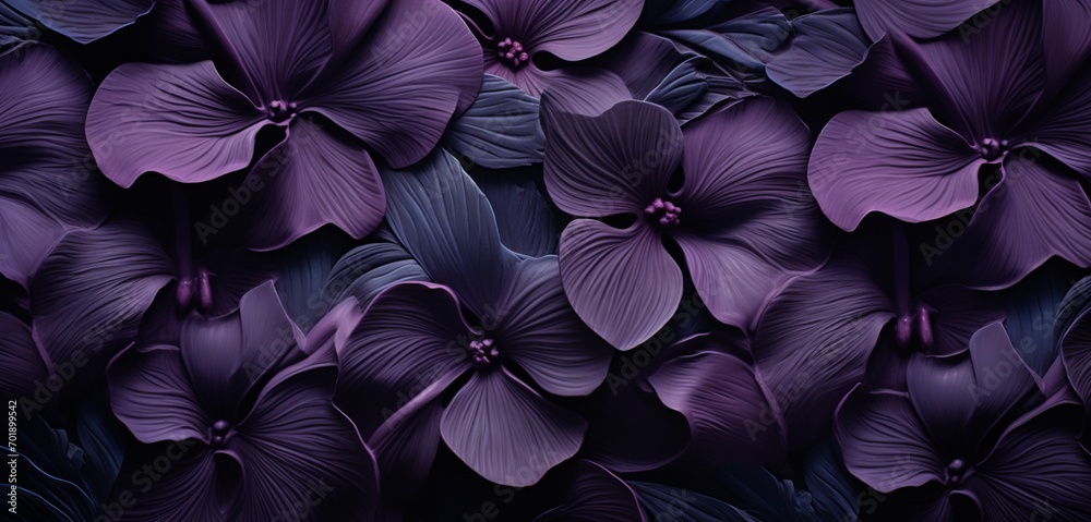 Enigmatic tropical floral pattern with ebony black pansies on a beveled 3D wall texture - obrazy, fototapety, plakaty 