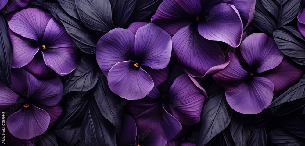 Enigmatic tropical floral pattern with ebony black pansies on a beveled 3D wall texture - obrazy, fototapety, plakaty 