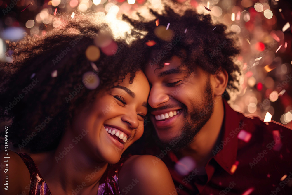 A young happy black couple at a holiday party with falling confetti.