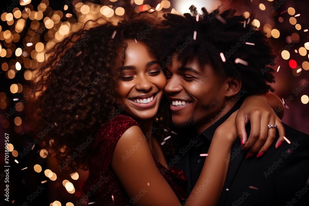 A young happy African American couple at a holiday party with falling confetti.