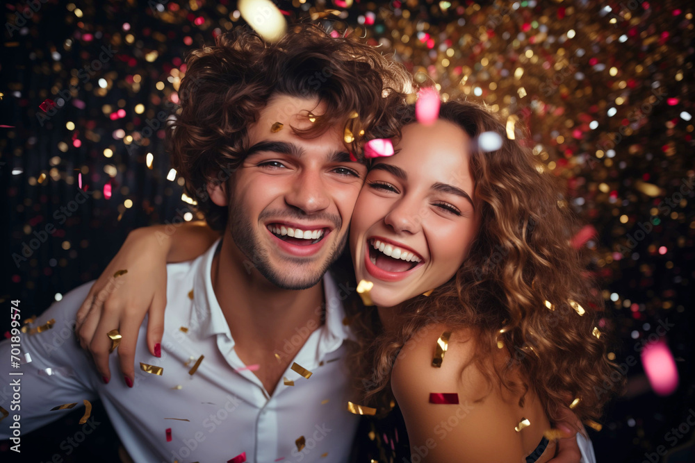 A young happy couple at a festive party with falling confetti, people in love together.