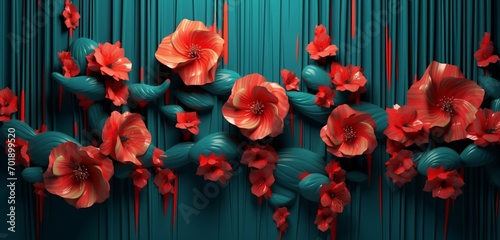 Electrifying tropical floral pattern with coral roses on a vertical stripe 3D wall texture