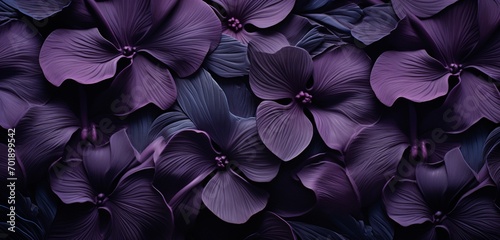 Enigmatic tropical floral pattern with ebony black pansies on a beveled 3D wall texture photo