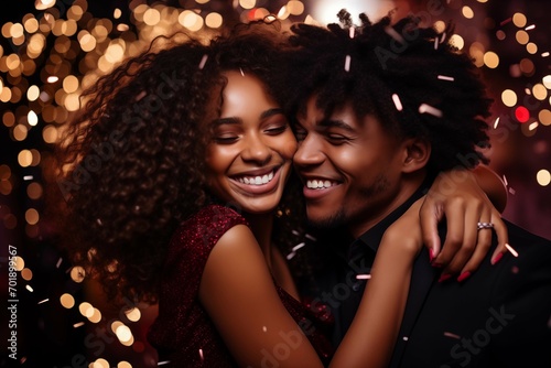 A young happy African American couple at a holiday party with falling confetti.