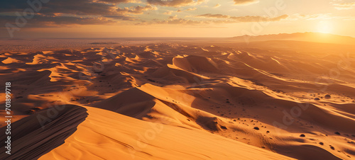 Aerial view of a desert during sunset  Drone shot of a dune  artificial intelligence