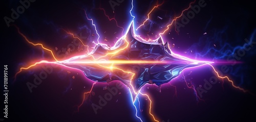 Glowing neon light graffiti with a pattern of golden lightning bolts on a stormy 3D texture
