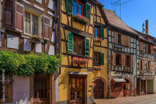 Ornate traditional half timbered houses with blooming flowers on a street in Ribeauville, France, a popular village on the Alsatian Wine Route