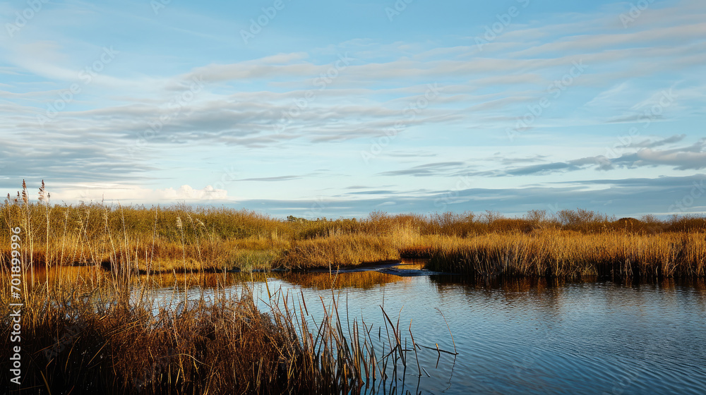 Riparian Rhapsody: Serenity Along the Marshland River. Generative AI