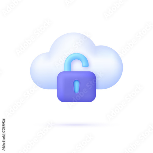 3D Cloud Protection icon. Safe online storage. Cloud security concept. Opened padlock. Data storage. Technology concept.