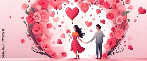 Valentine's day, couple in love holding hands under hart and flowers, festive background, template, romance concept