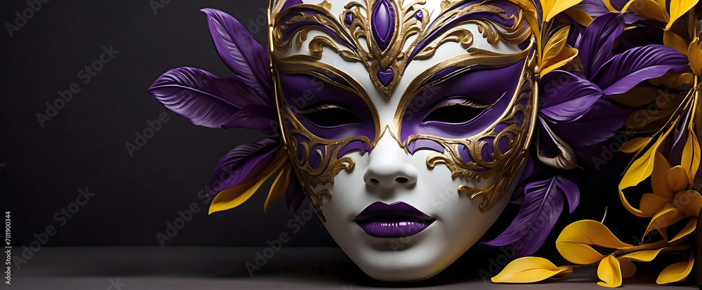 Carnival mask concept, purple and yellow isolated on black, Mardi gras, Venice, costume background, template, banner