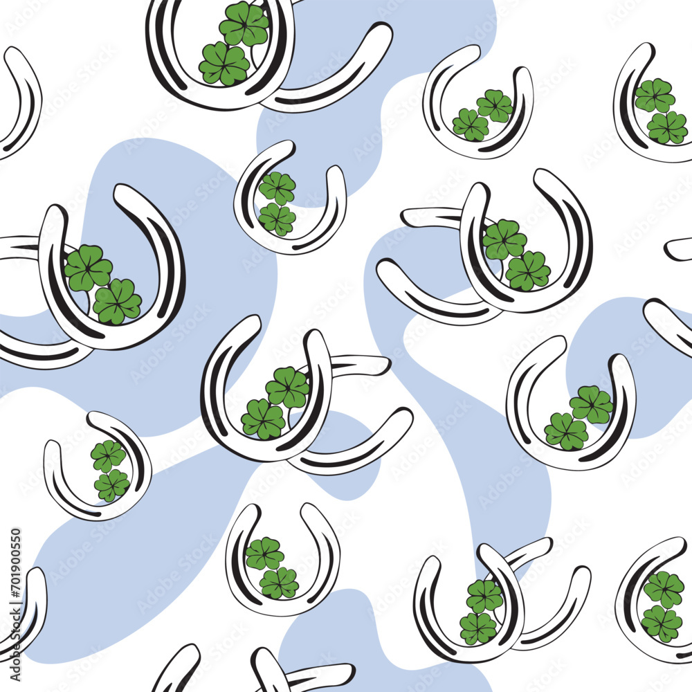 Seamless pattern horseshoes and four-leaf clover for good luck. lucky clover and horseshoe or Patrick's day. St Patrick's Day bright horseshoe clover Irish lucky green vintage icon vector