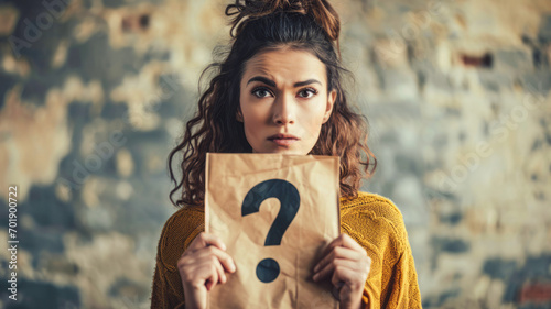A perplexed woman is contemplating while holding a paper bag with a question mark icon, providing space for additional information. photo