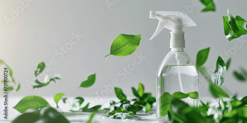 eco bio organic natural cleaning spray bottle with transparent liquid water and  green leaves on gray minimalistic background, banner with copy space photo