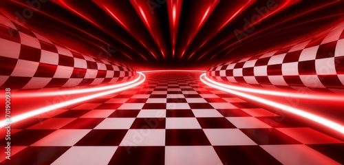 Mesmerizing neon light design showcasing a dark red and white checkerboard pattern on a checkered 3D background photo