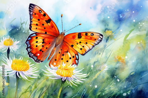 Yellow butterfly in a meadow of flowers. Watercolor.