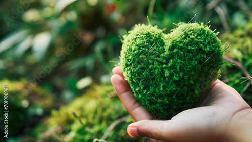 A hand holds a green grass heart - a symbol of environmental care, sustainable planet protection, ecologically responsible living, and love for nature. This gesture also aligns with the concept of Ear photo