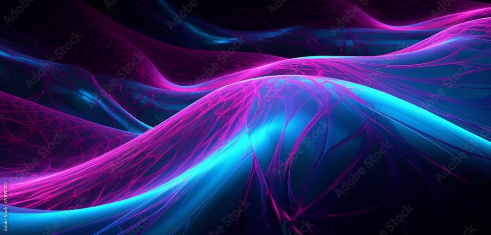 Mesmerizing neon light graffiti with a web of turquoise and magenta threads on a woven 3D texture
