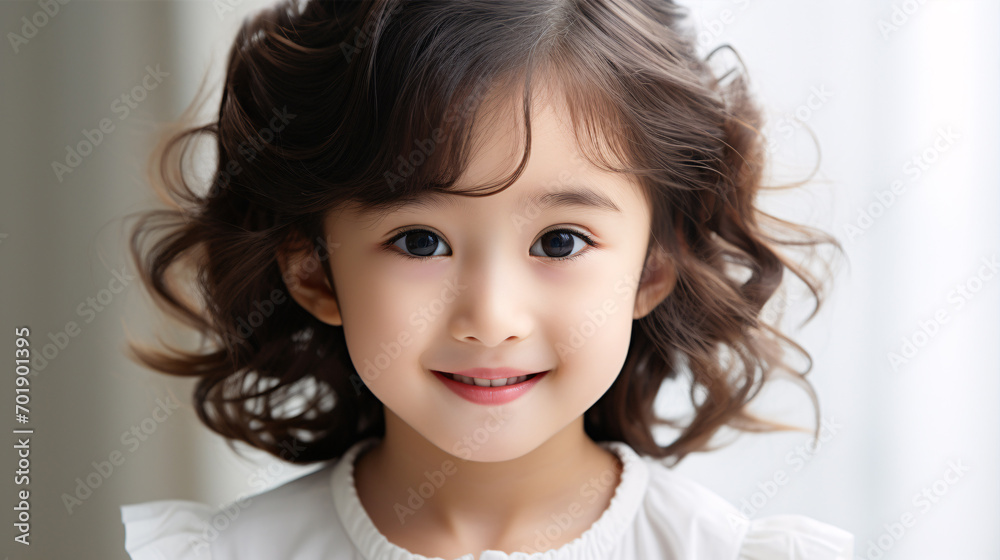 A content Asian youngster's portrait stands out against a white backdrop. A content Asian youngster's portrait stands out against a white backdrop.