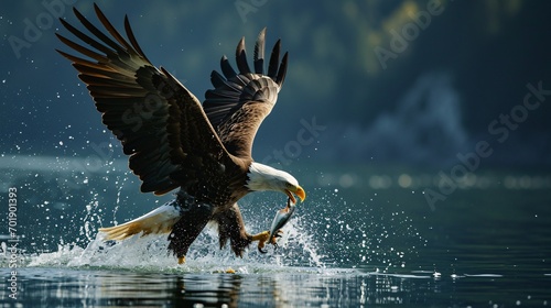 A soaring eagle snatching food from a pond.