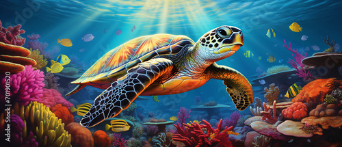 A graceful sea turtle swimming © Data