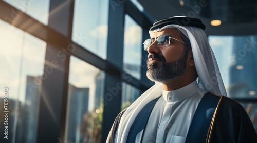 Joyful Emirati Arabian professional in traditional attire observing front, perfect for Middle Eastern business idea. photo