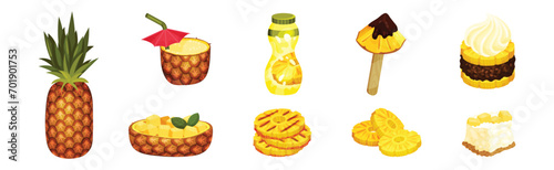 Fototapeta Naklejka Na Ścianę i Meble -  Bright Pineapple Fruit Sweet Dessert and Food Vector Set