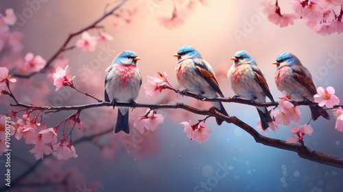 A group of birds sitting on a branch of a tree