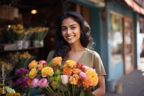 A happy worker indian woman holds flowers in his hands on the background of a shop window © vasyan_23