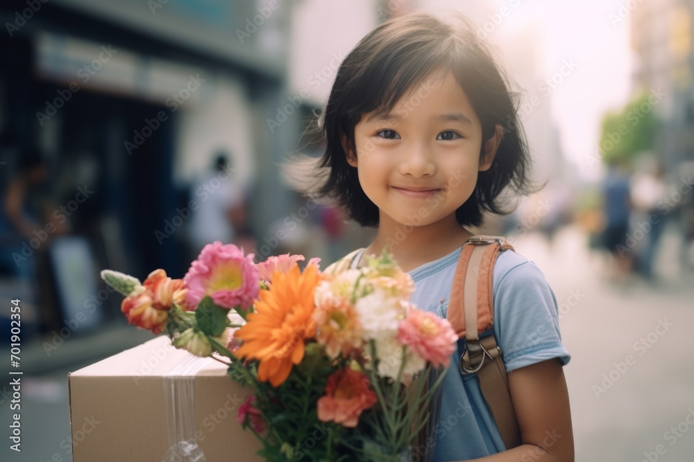 A happy worker asian child girl holds flowers in his hands on the background of a shop window A happy worker asian child girl holds flowers in his hands on the background of a shop window