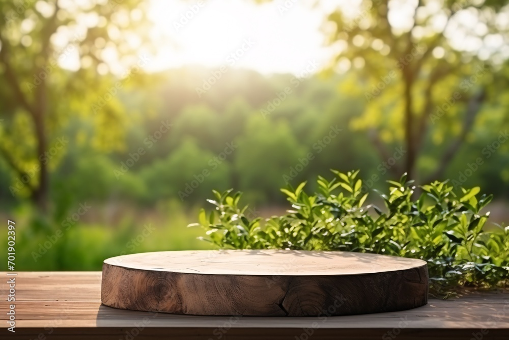 A wooden podium in a farm showcasing food, fragrance, and other items against a natural backdrop of grass and morning light.