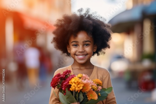 A happy worker african american child girl holds flowers in his hands on the background of a shop window