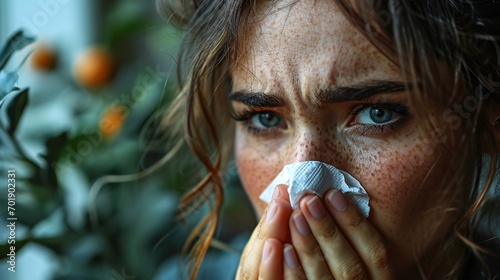 A woman with cold or flu allergies sneezes in her living room, putting her at risk for a viral infection or health emergency due to hay fever or sinus problems.