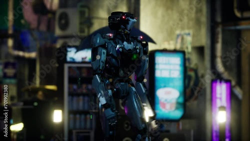 robot walking along a street in a big city. humanoid AI robot crossing street. 3d animation. future automation job.