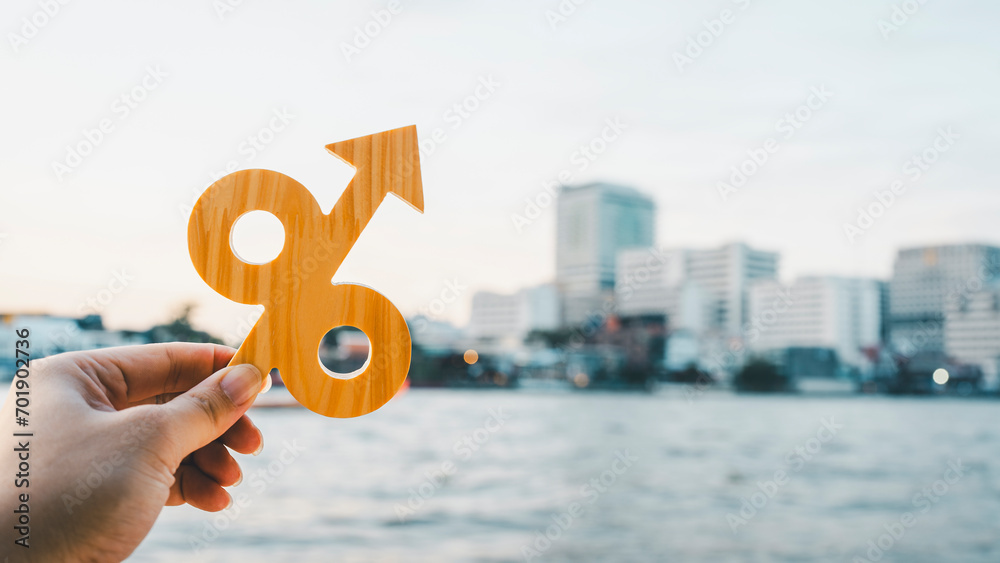Percentage model and up arrow. Key concepts for success, methods, systems of raising or lowering Fed interest rates to correct inflation concepts. - obrazy, fototapety, plakaty 