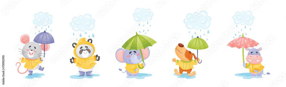 Happy Animals Wearing Coat Walking in Rainy Day with Umbrella Vector Set