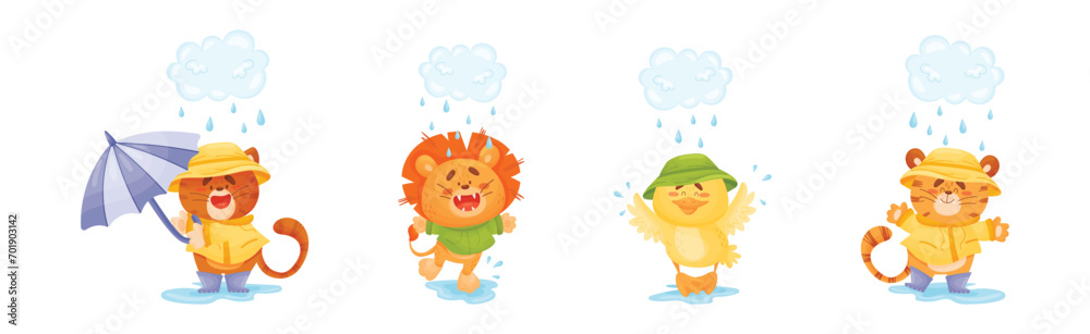 Happy Animals Wearing Coat Walking in Rainy Day with Umbrella Vector Set Happy Animals Wearing Coat Walking in Rainy Day with Umbrella Vector Set