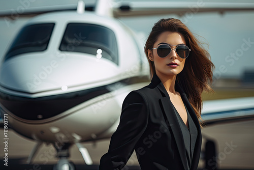 Confident Woman in Sunglasses by Private Aircraft on Runway