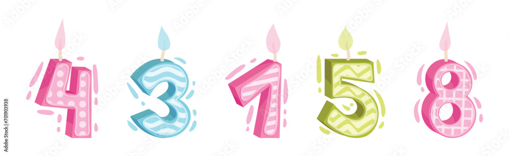 Birthday Number Wax Candle with Burning Light Vector Set