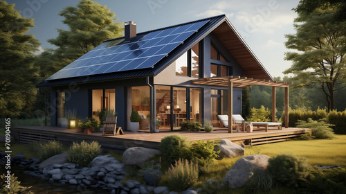 house in the woods with solar panels