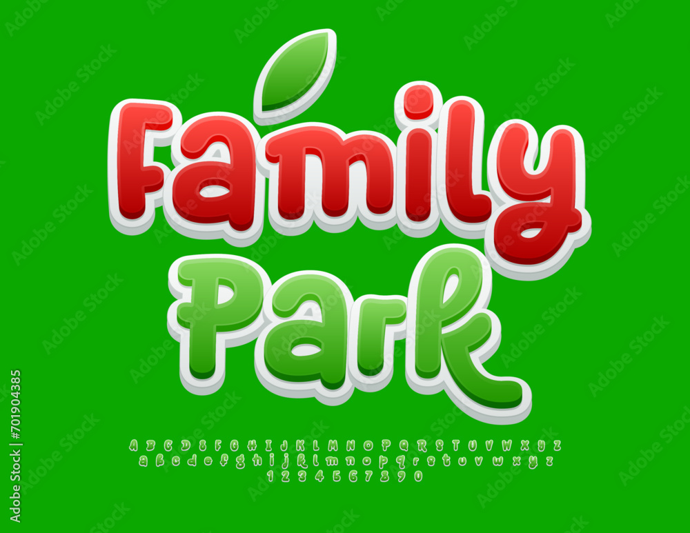 Vector eco template Family Park. Cute Green 3D Font. Set of Funny Alphabet Letters, Numbers and Symbols. Vector eco template Family Park. Cute Green 3D Font. Set of Funny Alphabet Letters, Numbers and Symbols.