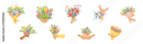 Hands Holding Bouquet of Blooming Flowers Vector Set