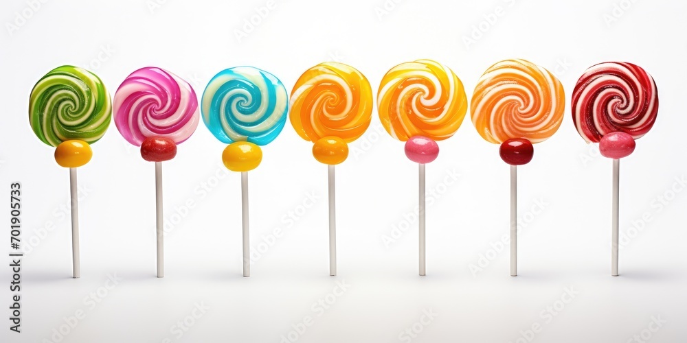 Many different candies lollipop on a white background. Sweet candy.