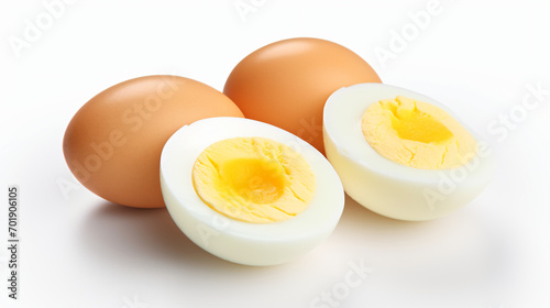 Three boiled chicken eggs on white background