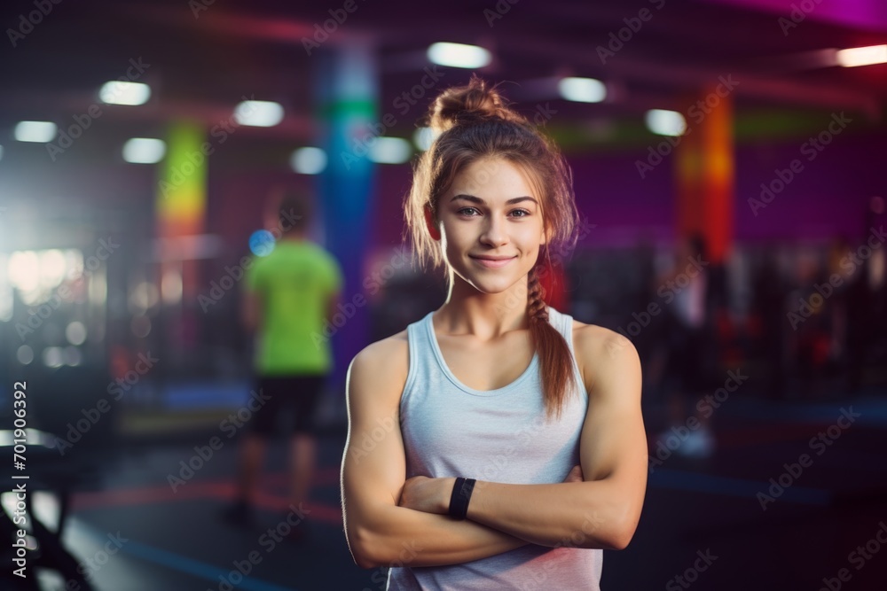 Fitness, gym and happy woman personal trainer ready for workout coaching Fitness, gym and happy woman personal trainer ready for workout coaching