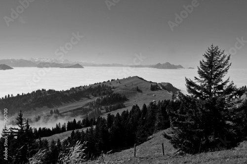 The fog-ocean over the swiss alps seen from Rigi-Kulm near Kaltbrunn in Central Switzerland