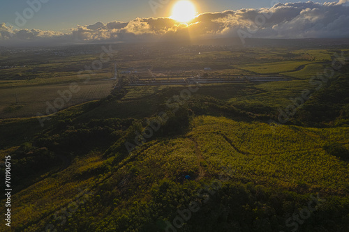 Aerial HDR view of sunrise from a hill near Trois Mamelles mountain which is located on Mauritius island
