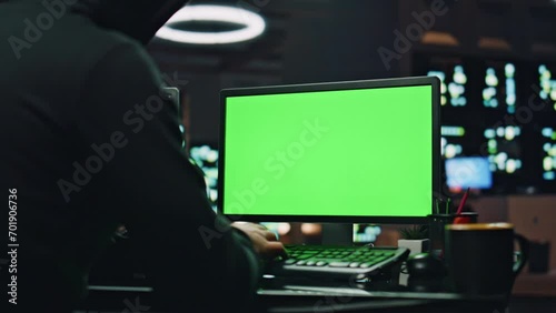 Hacker writing data chroma key computer in night room closeup. Programer working photo