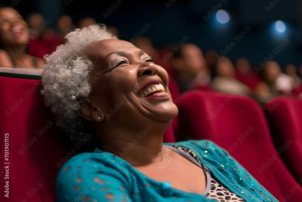 happy senior black woman in cinema watching movie